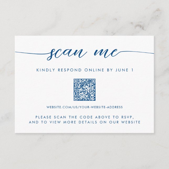 Minimal Modern Navy Blue Scan Me QR RSVP Enclosure Card (Front)