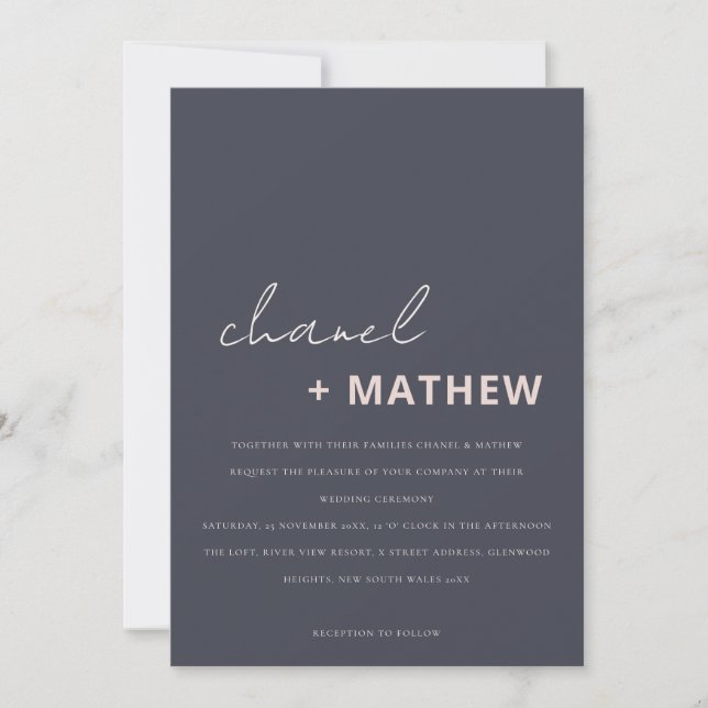 Minimal Modern Navy Blush Black  Script Wedding Invitation (Front)