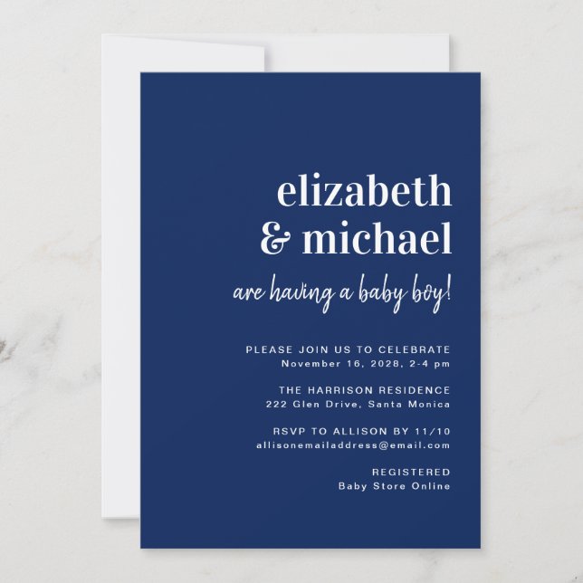 Minimal Modern Navy Couples Baby Boy Shower Invitation (Front)