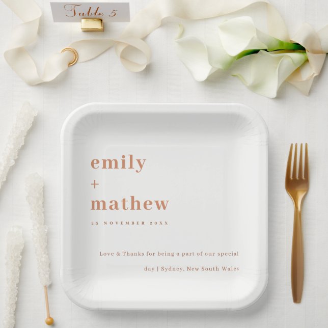 Minimal Modern Navy Rust Orange Typography Wedding Paper Plate (Wedding)