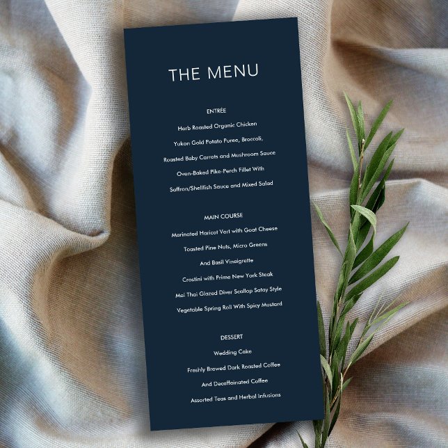 Minimal Modern Navy Typography Wedding Menu Card (Creator Uploaded)