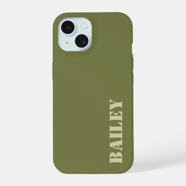 Minimal & Modern Olive Green Customisable  iPhone 15 Case (Back)