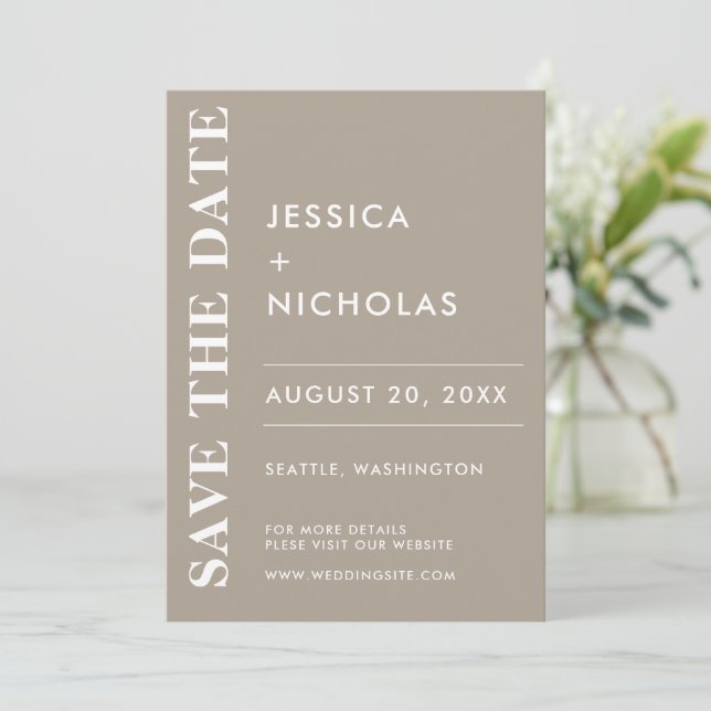Minimal Modern Olive Grey Elegant Wedding Save The Date (Standing Front)