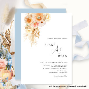 Minimal, Modern Peach, Cream, Blue Floral Wedding Invitation