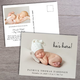 Minimal Modern Photo Birth Announcement Postcard
