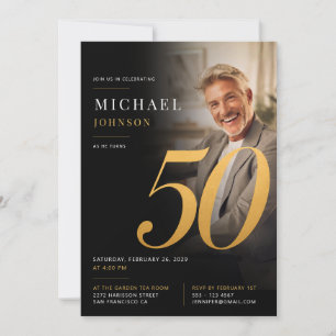 Minimal Modern Photo Black and Gold 50th Birthday Invitation
