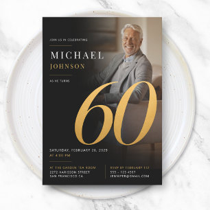 Minimal Modern Photo Black and Gold 60th Birthday Invitation