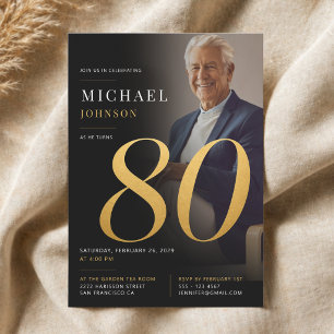 Minimal Modern  Photo Black and Gold 80th Birthday Invitation