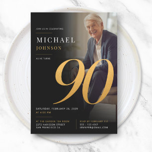Minimal Modern Photo Black and Gold 90th Birthday Invitation