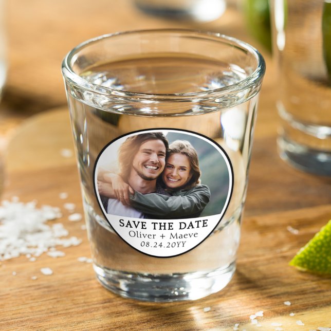Minimal Modern Photo Black White Save The Date Shot Glass (Creator Uploaded)