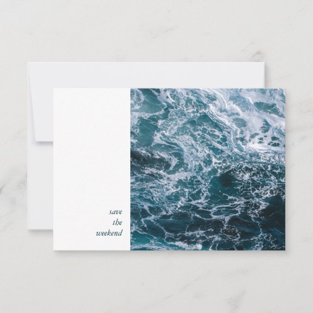 Minimal Modern Photo Blue Ocean Wedding Weekend Save The Date (Front)