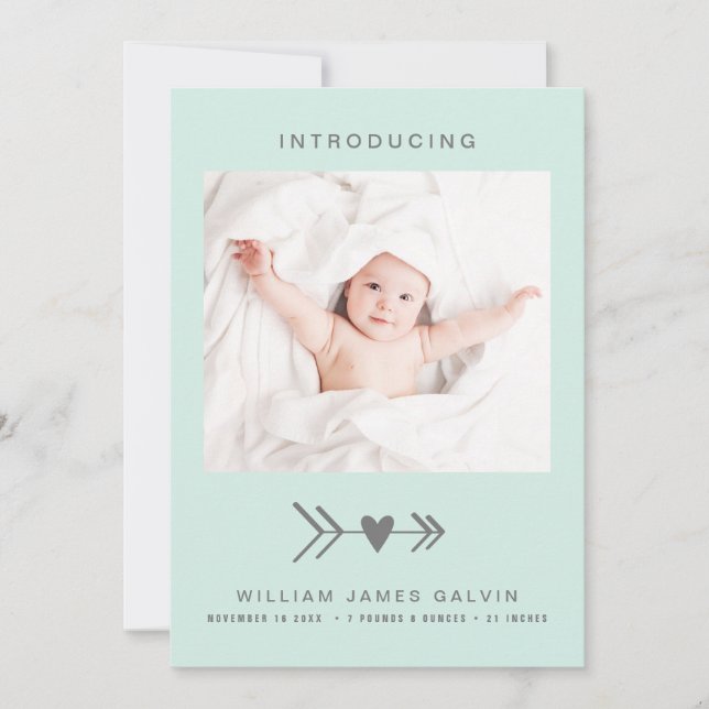 Minimal Modern Photo Heart Arrow Mint Green Birth Announcement (Front)