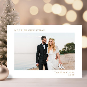 Minimal Modern Photo Married Christmas White Gold Holiday Card