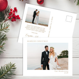 Minimal Modern Photo Married Christmas White Gold Holiday Postcard