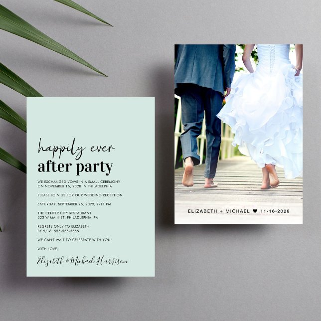 Minimal Modern Photo Mint Wedding Reception Invitation (An chic Happily Ever After Party invitation for your wedding celebration)
