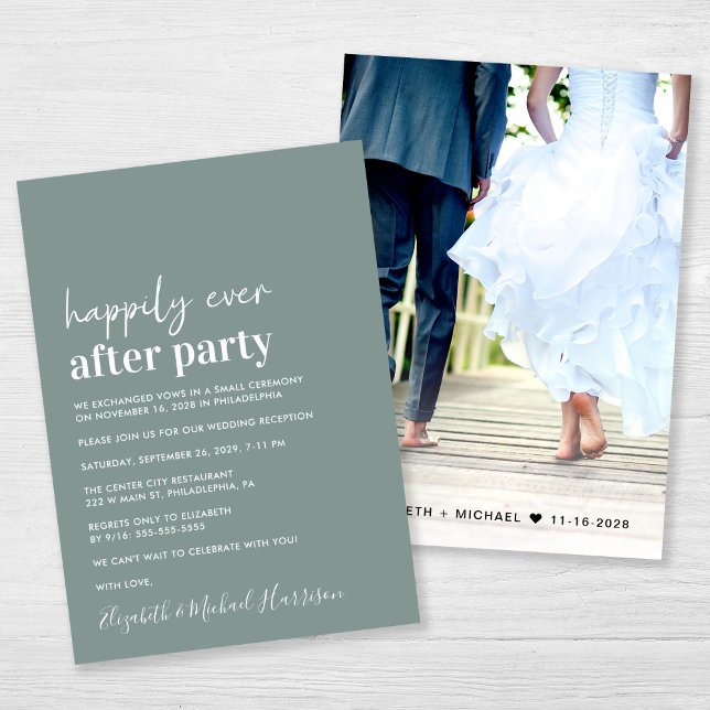 Minimal Modern Photo Sage Green Wedding Reception Invitation (An chic Happily Ever After Party photo invitation for your wedding celebration)