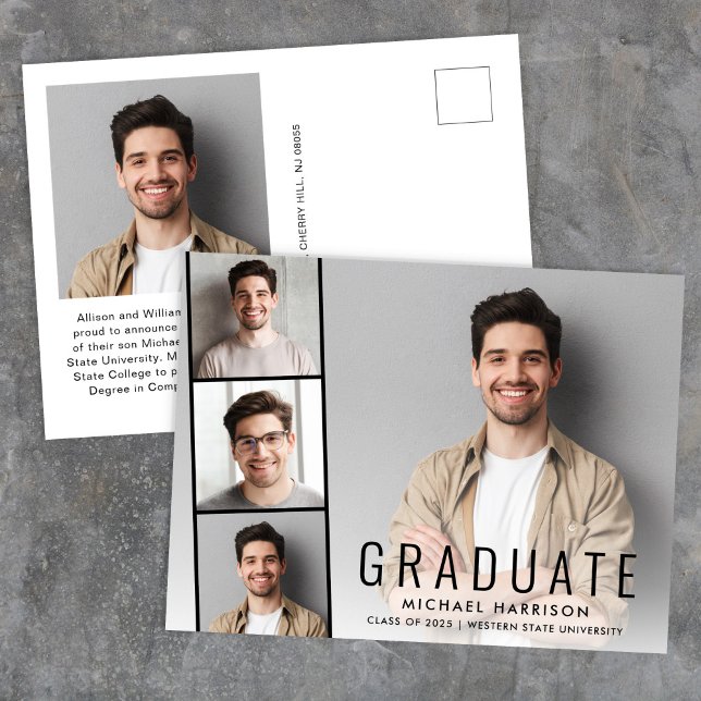Minimal Modern Photo Strip Graduation Announcement Postcard (Cherish the milestone: share your graduate's achievement with a custom photo graduation announcement)