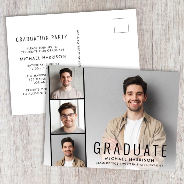 Minimal Modern Photo Strip Graduation Party Invitation Postcard (Creator Uploaded)