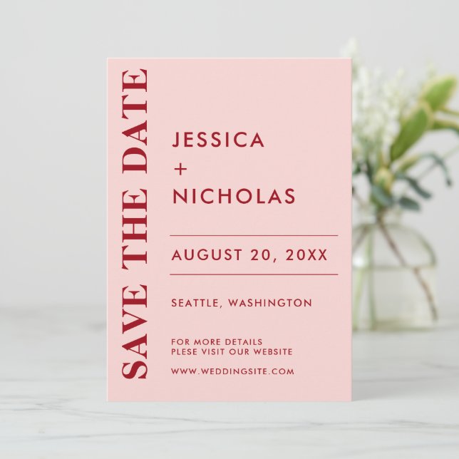 Minimal Modern Pink & Red Elegant Wedding Save The Date (Standing Front)