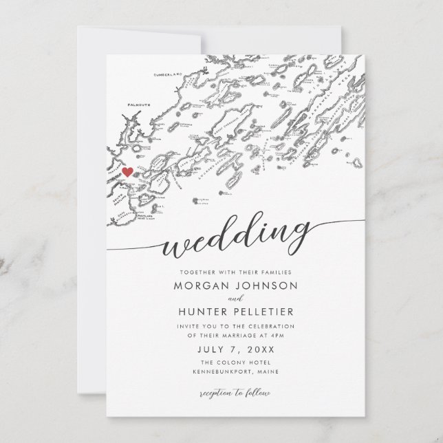 Minimal Modern Portland Maine Map Wedding Invitation (Front)