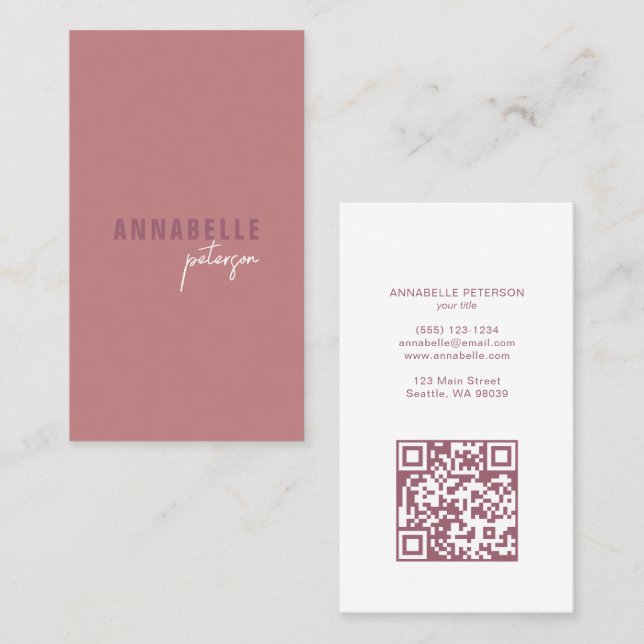 Minimal Modern Professional QR Code Dusty Rose Business Card (Front/Back)