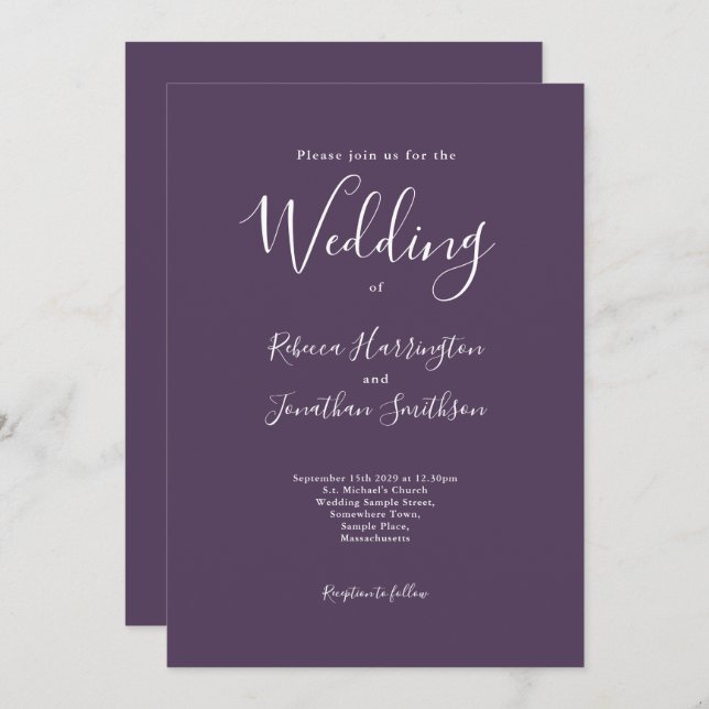 Minimal Modern Purple White Wedding Invitation (Front/Back)