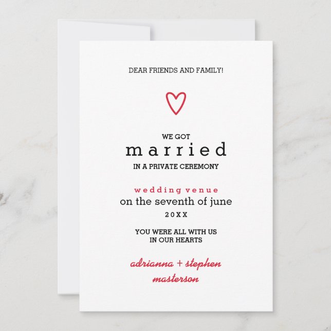 Minimal Modern | Red Heart | Marriage Announcement (Front)