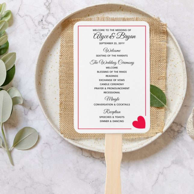 Minimal Modern Red Heart Valentine Wedding Program Hand Fan (Creator Uploaded)
