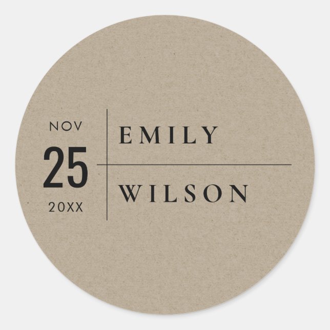 MINIMAL MODERN RUSTIC KRAFT TYPOGRAPHY WEDDING CLASSIC ROUND STICKER (Front)