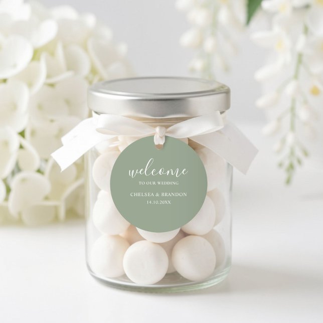 Minimal Modern Rustic Sage Green Wedding Welcome Classic Round Sticker (Creator Uploaded)
