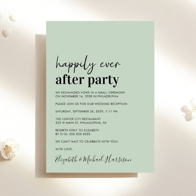 Minimal Modern Sage Green Wedding Reception Announcement (An chic Happily Ever After Party invitation for your wedding celebration)