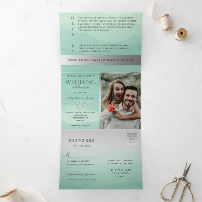 Minimal Modern Sage Green Wedding Tri-Fold Invitation (Inside)