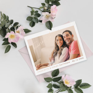 Minimal & Modern Script Custom Wedding Thank You Foil Holiday Postcard