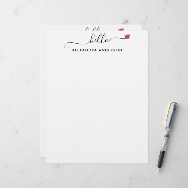Minimal Modern Script Hello Heart Black and White Custom Letterhead (Front/Back In Situ)