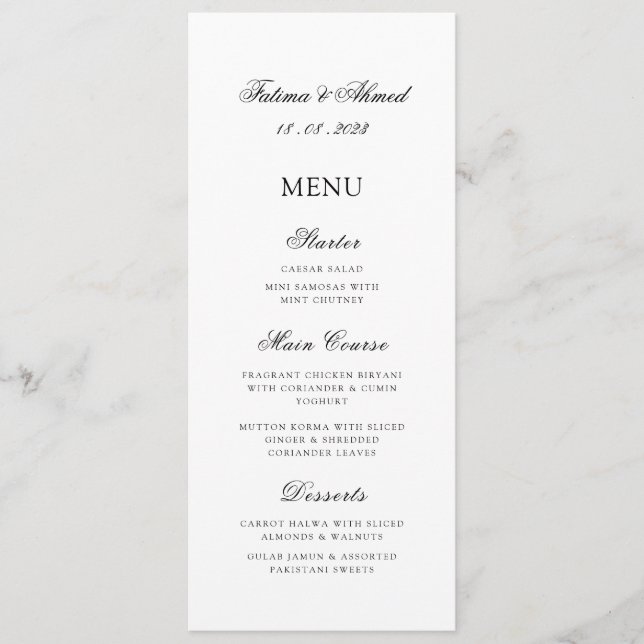 Minimal Modern Script White Muslim Wedding Table Menu (Front)