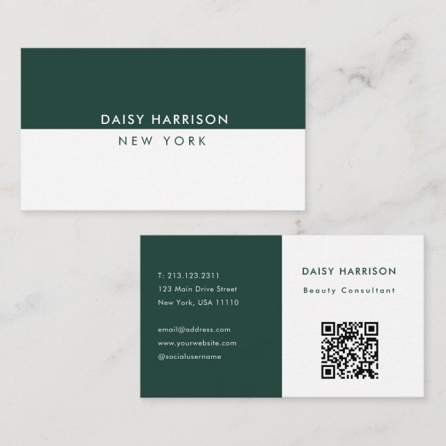 Minimal Modern Simple QR Code White & Emerald Business Card (Front/Back)