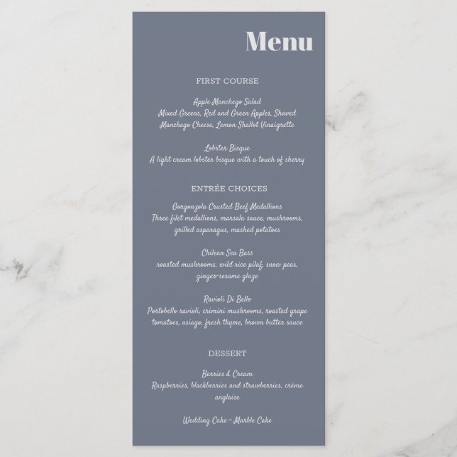 Minimal Modern Soft Grey Blue Lavender Typography Menu (Front)