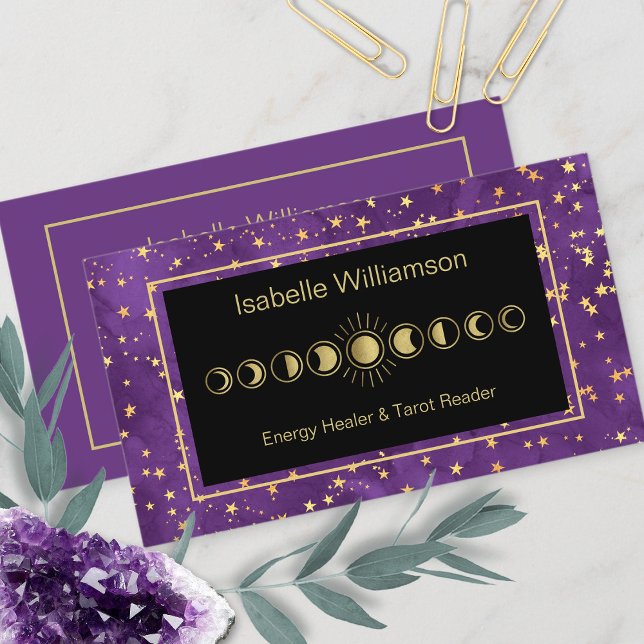 Minimal Modern Stars Amethyst Mystical Moon Phase Business Card (Creator Uploaded)