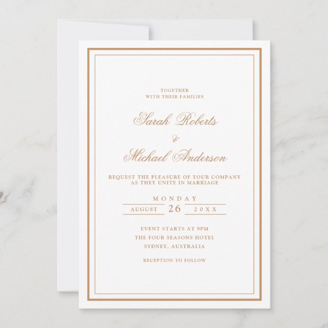 Minimal Modern Stylish Gold Script Frame Wedding Invitation (Front)