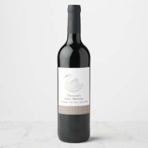 Minimal Modern Swan Plaid Gingham Boy Baby Shower  Wine Label
