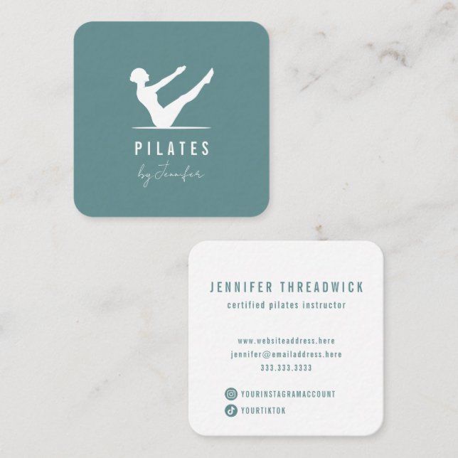 Minimal Modern Teal Green Female Logo Pilates Square Business Card (Front/Back)