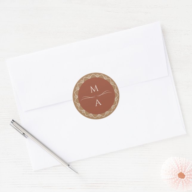Minimal Modern Terracotta Boho Mandala Initials Classic Round Sticker (Envelope)