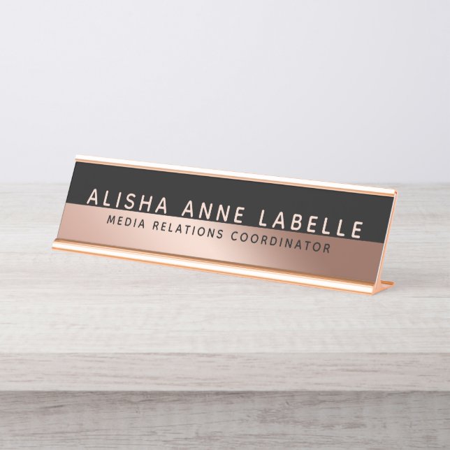 Minimal & Modern Two-Tone Rose Gold Black Graphite Desk Name Plate (Front)