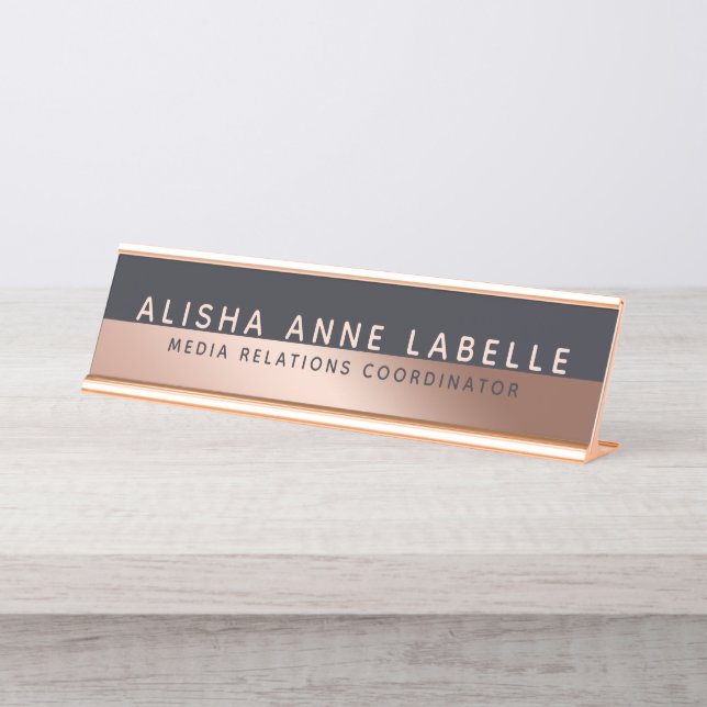 Minimal & Modern Two-Tone Rose Gold Blue Graphite Desk Name Plate (Front)