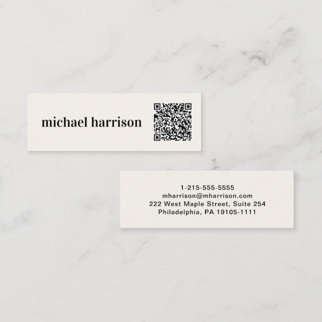 Minimal Modern Typography QR Code Cream Mini Business Card (Front/Back)