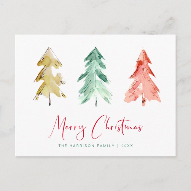 Minimal Modern Watercolor Christmas Trees Invitation Postcard (Front)