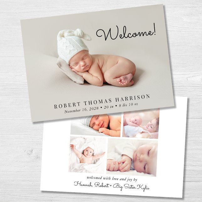Minimal Modern Welcome 5 Photo Birth Announcement (A beautiful and unique way to thank family and friends and introduce them to your precious baby)