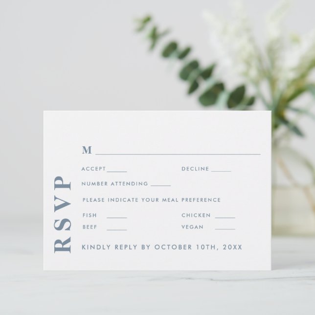 Minimal Modern White & Blue Wedding Elegant RSVP Card (Standing Front)