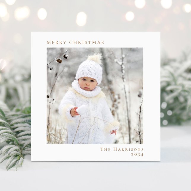 Minimal Modern White Gold Christmas Photo  Holiday Card (Creator Uploaded)