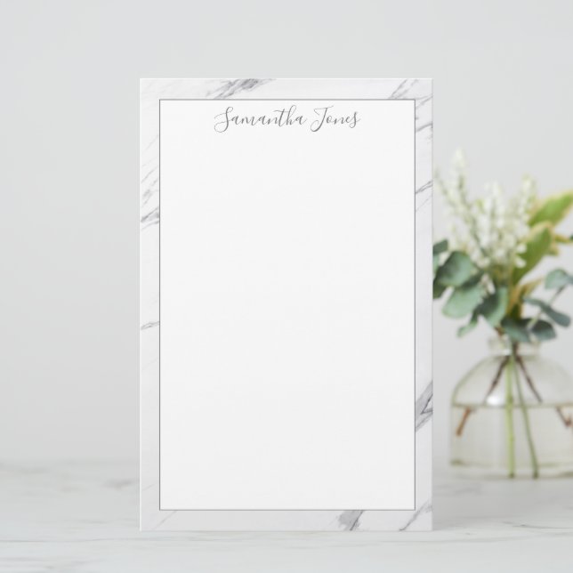 Minimal Modern White Marble Custom Name Stationery (Standing Front)